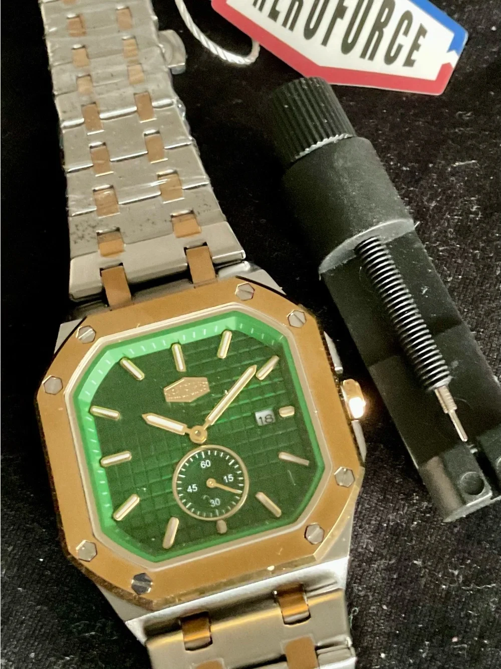 NIB Green and Gold Octagonal Square S/S Heroforce Watch Waffle Dial + Tool